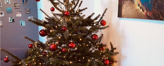 Ein geschmückter Tannenbaum im Wartezimmer der Praxis für Zahnheilkunde Susanne Rhiem.